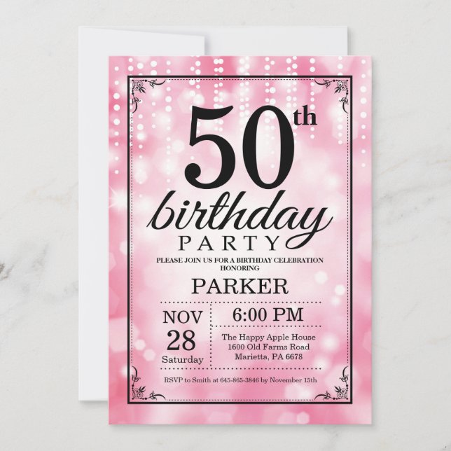 50th Birthday Invitation Pink Glitter (Front)