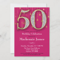 50th Birthday Invitation Pink Gold Diamonds Adult