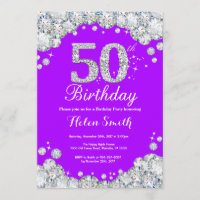 50th Birthday Invitation Purple and Silver Diamond