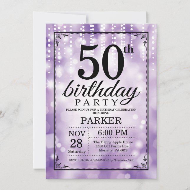50th Birthday Invitation Purple Glitter (Front)