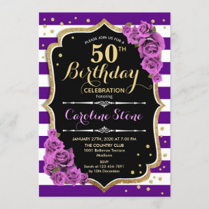 50th Birthday Invitation Purple Gold With Roses
