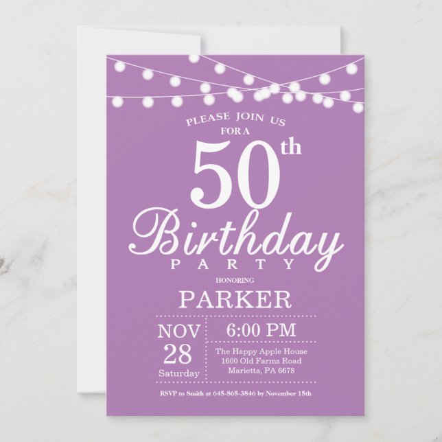 50th Birthday Invitation Purple Lavender (Front)