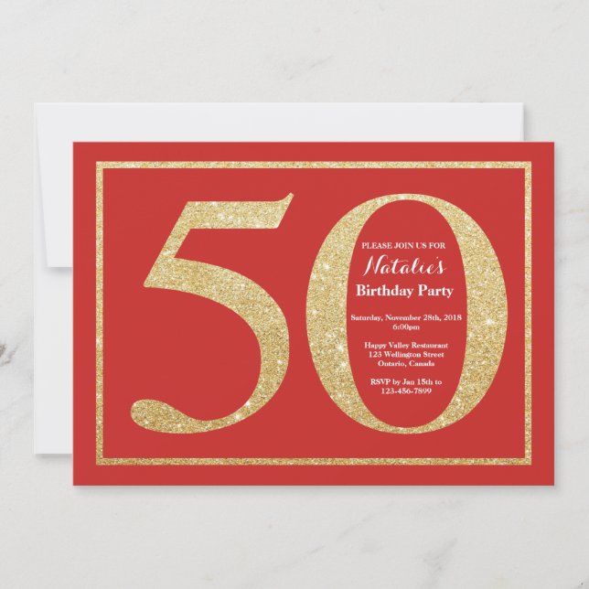 50th Birthday Invitation Red and Gold Glitter (Front)