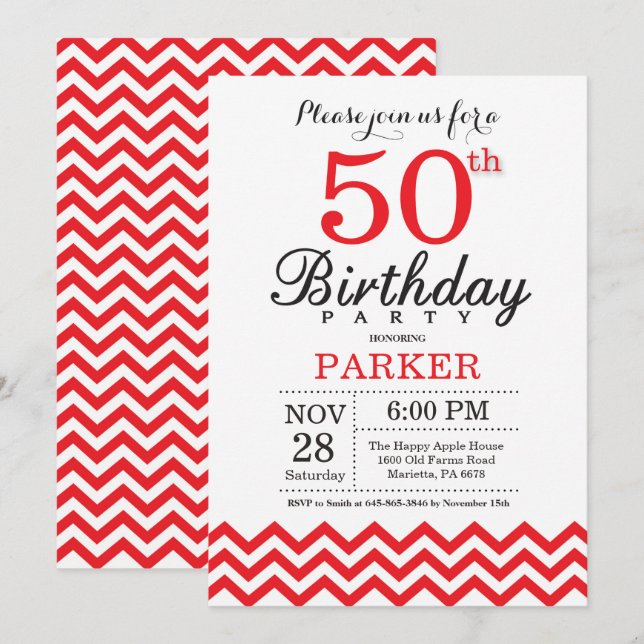 50th Birthday Invitation Red Chevron (Front/Back)