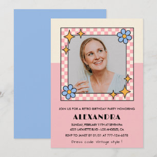 50th birthday invitation Retro Groovy Pink Flowers