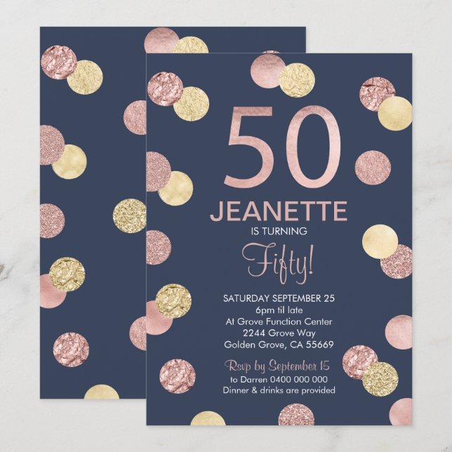 50th Birthday Invitation Rose Gold and Navy (Front/Back)