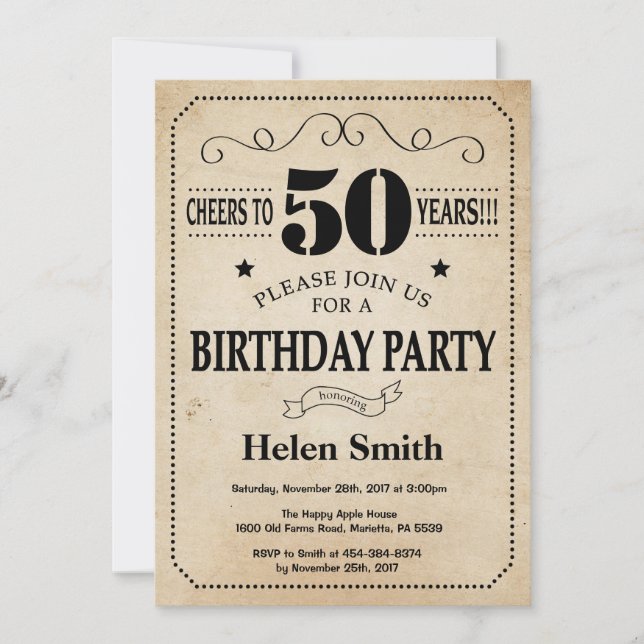 50th Birthday Invitation Rustic Vintage Retro (Front)