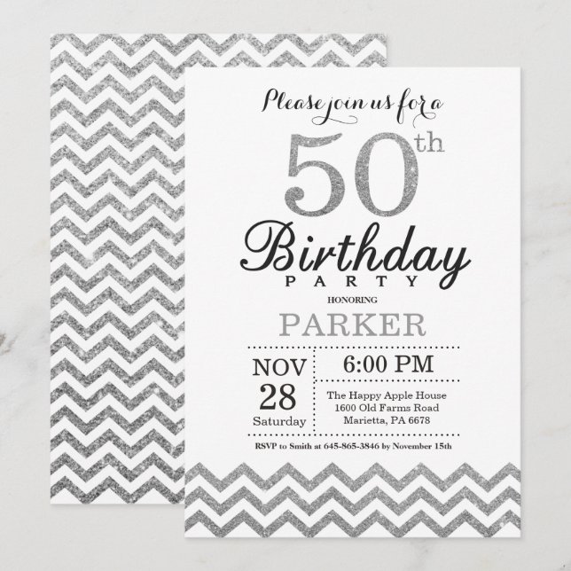 50th Birthday Invitation Silver Glitter (Front/Back)