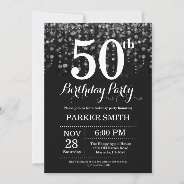 50th Birthday Invitation Silver Glitter (Front)