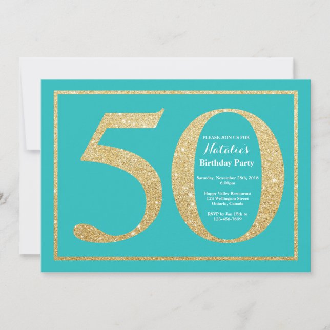 50th Birthday Invitation Teal and Gold Glitter (Front)