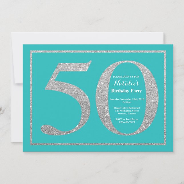 50th Birthday Invitation Teal and Silver Glitter (Front)