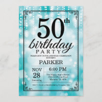 50th Birthday Invitation Teal Glitter
