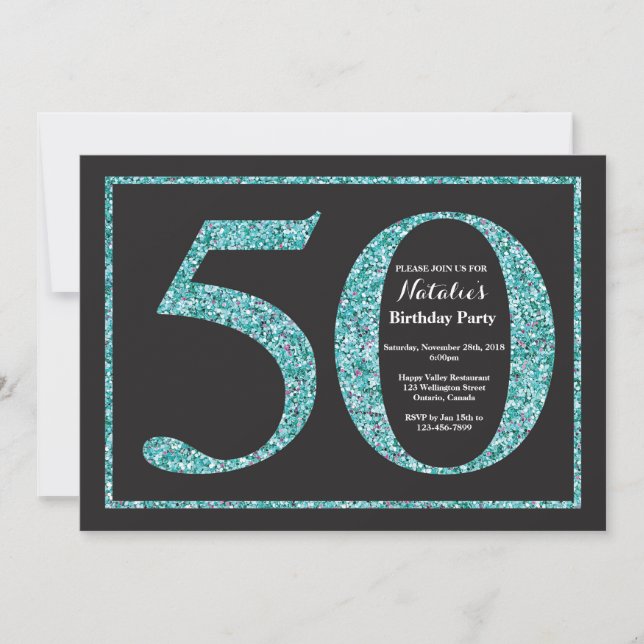 50th Birthday Invitation Teal Glitter Chalkboard (Front)