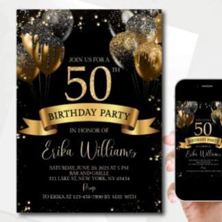 50th Birthday Invitation Template: Black Gold Ball