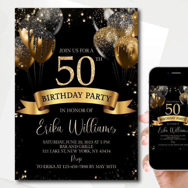 50th Birthday Invitation Template: Black Gold Ball (Creator Uploaded)