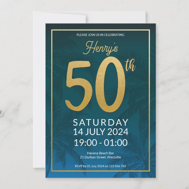 50th Birthday Invitation with Palm Trees (Front)