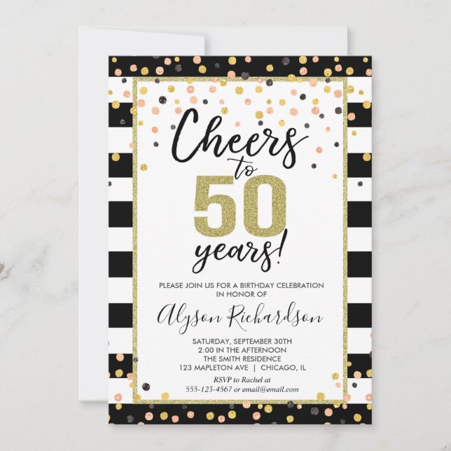 50th birthday invitations, black and gold confetti invitation (Front)