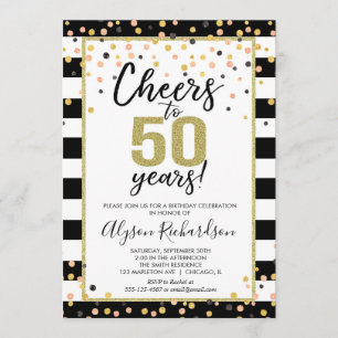 50th birthday invitations, black and gold confetti invitation