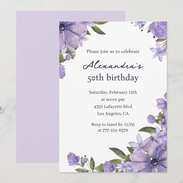 50th birthday invitations Boho Floral Purple (Front/Back)
