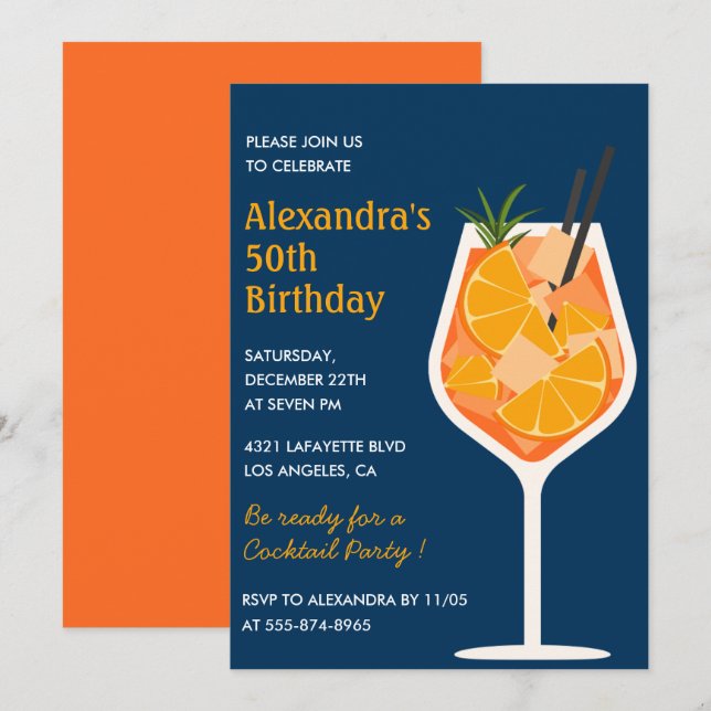 50th birthday invitations Cocktail Elegant Navy (Front/Back)