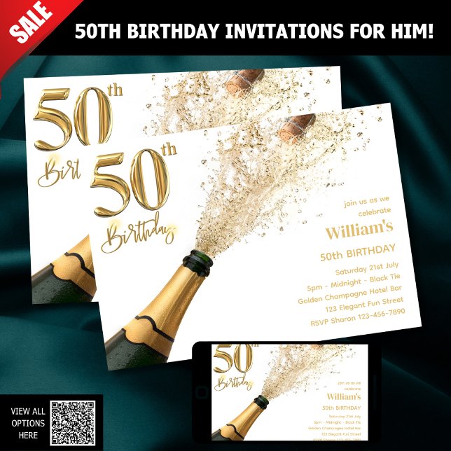 50TH BIRTHDAY INVITATIONS FOR HIM - CHAMPAGNE POPS (Creator Uploaded)