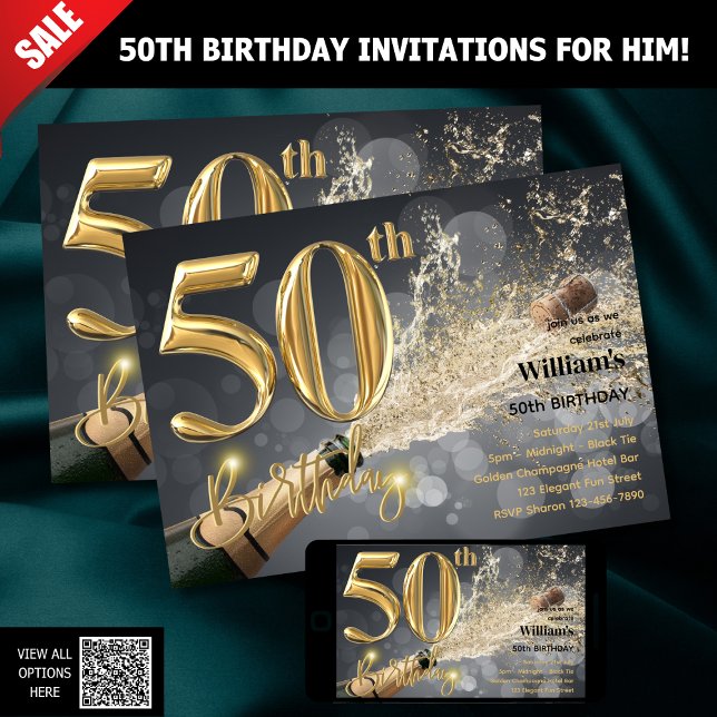 50TH BIRTHDAY INVITATIONS FOR HIM - GOLD CHAMPAGNE (Creator Uploaded)