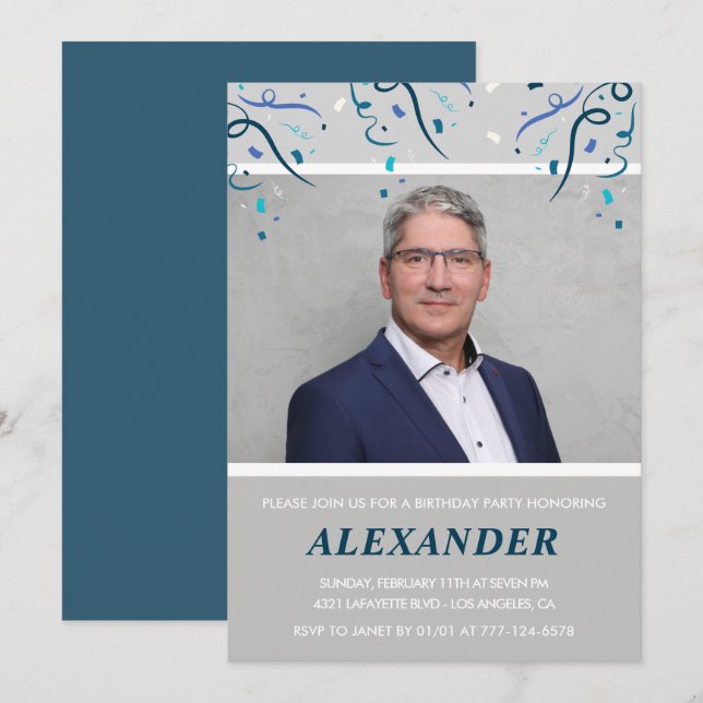 50th birthday invitations Men Confetti Photo Blue (Front/Back)