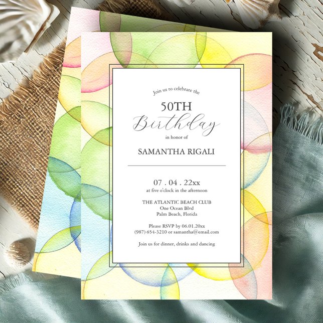 50th Birthday Invitations Multi Colour (50th birthday invitations watercolor circles art by Victoria Grigaliunas of Do Tell A Belle)