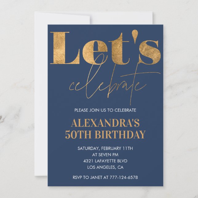 50th birthday invitations Navy Gold Elegant (Front)