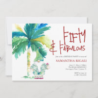 50th Birthday Invitations Watercolor Palm Tree