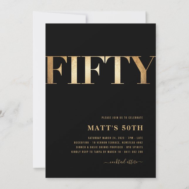 50th Birthday Invites Black and Gold (Front)