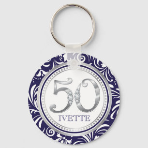 50th Birthday Key Chain-Navy Blue & Silver Key Ring