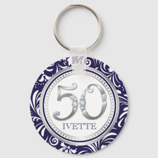 50th Birthday Key Chain-Navy Blue & Silver Key Ring