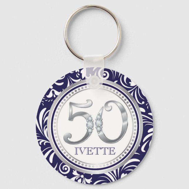 50th Birthday Key Chain-Navy Blue & Silver Key Ring (Front)