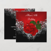 50th Birthday Lace Black Silver Deep RED Rose