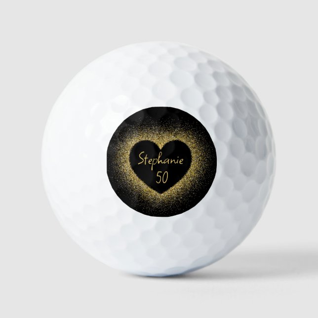 50th Birthday Lady Golfer Black Gold Name Elegant Golf Balls (Front)