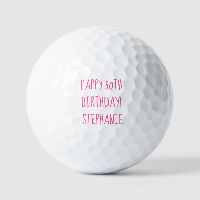 50th Birthday Lady Golfer Pink Name Elegant Golf Balls (Front)