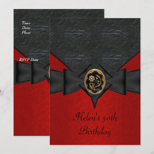 50th Birthday Leather Black Red Bow gold jewel Invitation