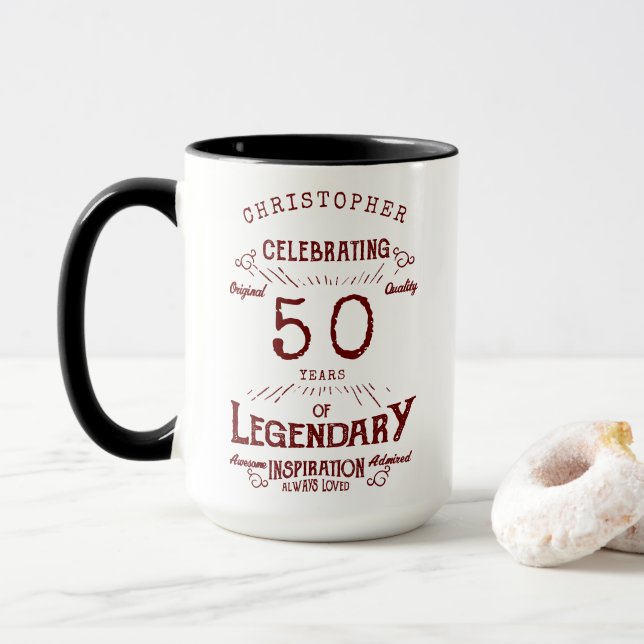 50th Birthday Legendary Vintage Name Red Legend Mug (With Donut)