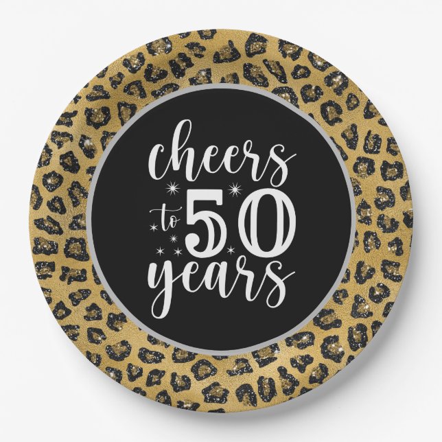 50th Birthday Leopard Black and Gold theme Paper Plate (Front)