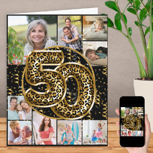 50th Birthday Leopard Print Gold Balloons Photo Card