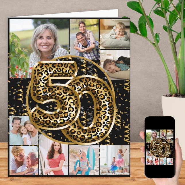 50th Birthday Leopard Print Gold Balloons Photo Card (Creator Uploaded)