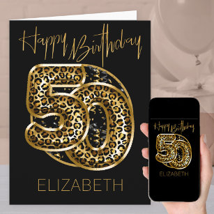 50th Birthday Leopard Print Gold Foil Balloons Card