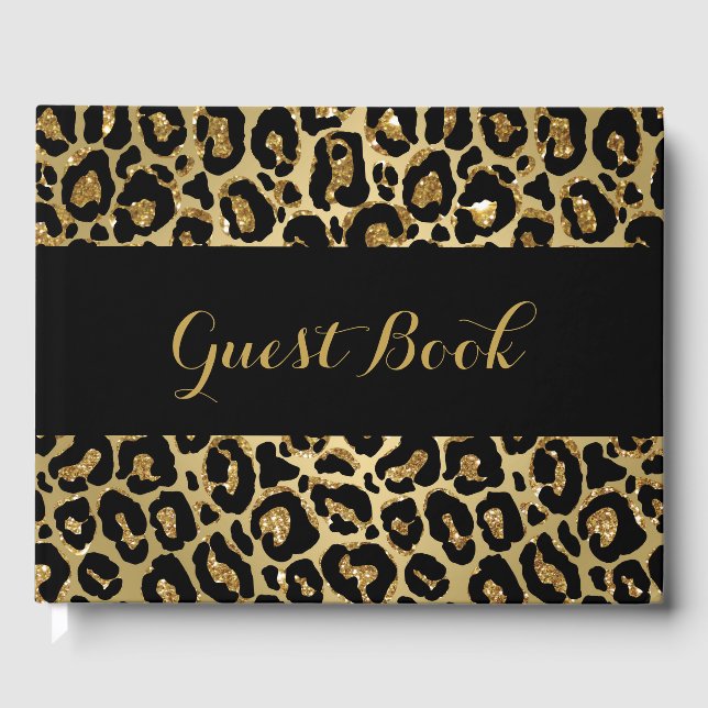 50th Birthday Leopard Print Gold Glitter Guest Book (Front)