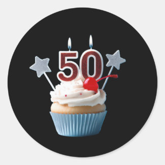 50th Birthday Lighted Candles Cupcake Classic Round Sticker