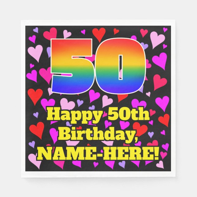 50th Birthday: Loving Hearts Pattern, Rainbow # 50 Napkin (Front)
