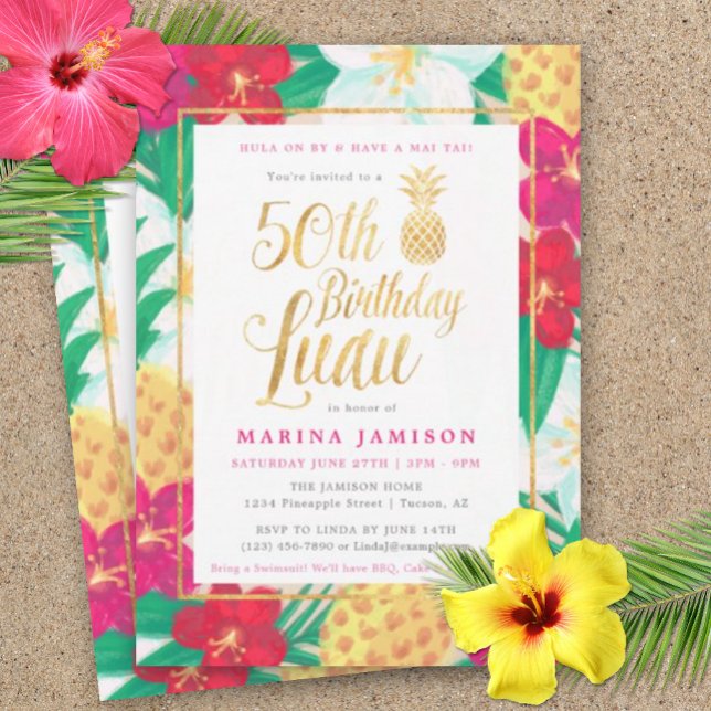 50th Birthday Luau Invitations | Pink & Gold (50th Birthday Luau)