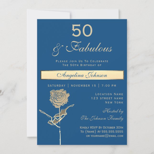 50th Birthday Luxury Gold and Classic Blue Invitation (Front)