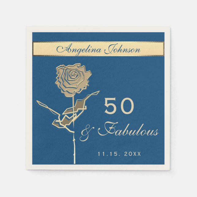 50th Birthday Luxury Gold and Classic Blue Napkin (Front)