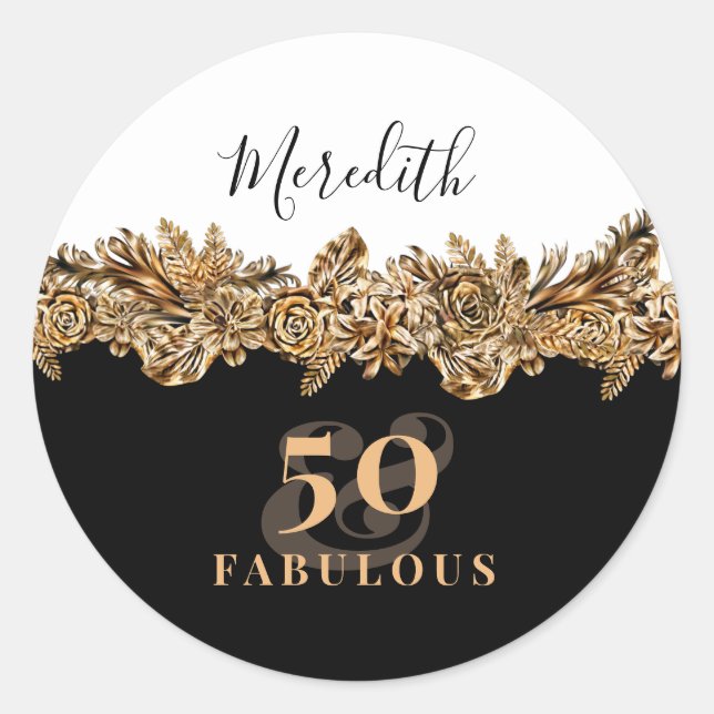 50th Birthday Luxury Golden Flowers Elegant Classy Classic Round Sticker (Front)